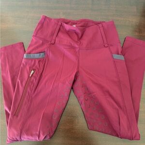 Girls Wine color Riding Tights/gray accent with Grip & Side Zip Pocket size M